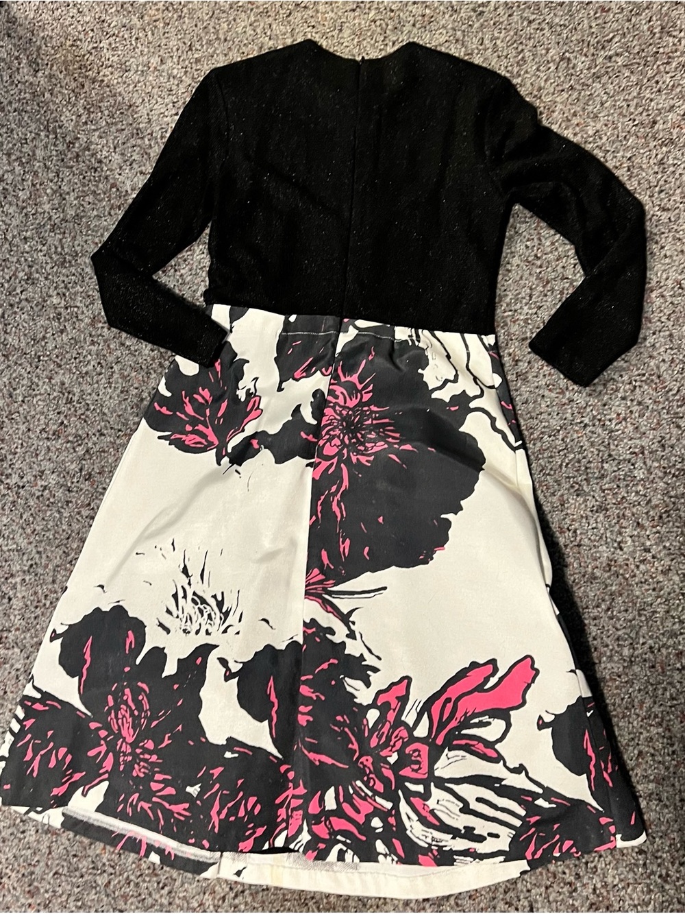 Fit-and-Flare Black Top Midi Dress with White & Pink Floral Skirt